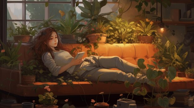 A girl reads a book on a couch in a room full of plants.