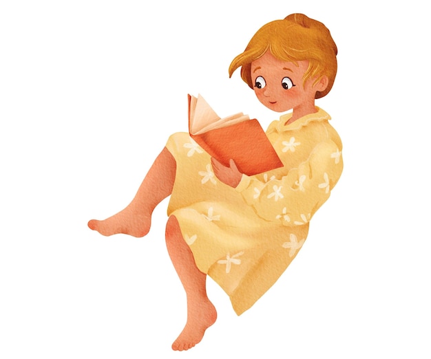 girl reads book cozy teenager pose sits with his leg hanging down adult in yellow dress