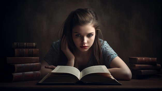 A girl reads a book in a dark room.