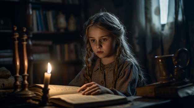 A girl reads a book in a dark room.