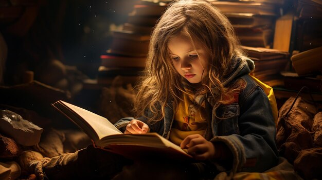 a girl reads a book in a dark room.