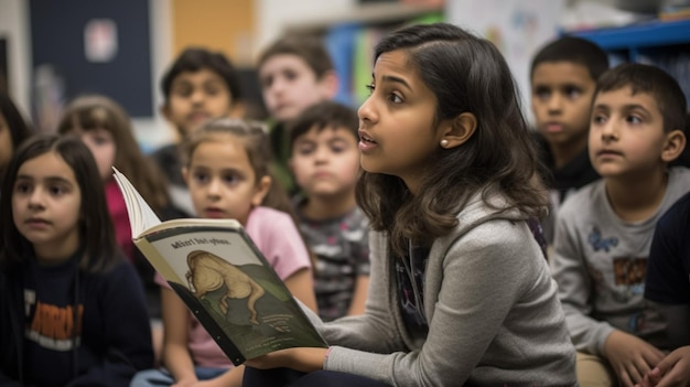 A girl reads a book to a group of children.