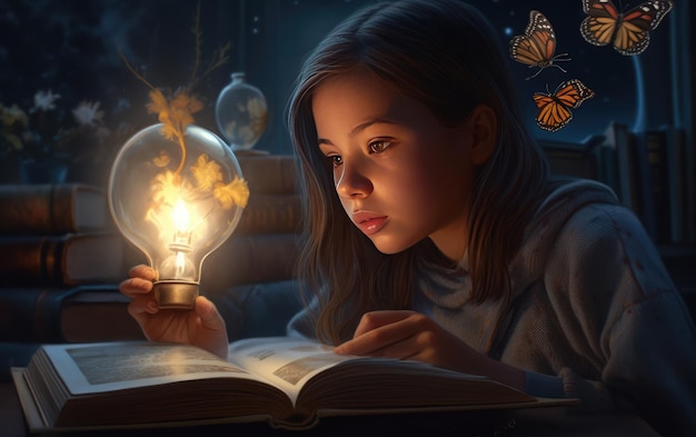 A girl reads a lightbulb in a dark room with butterflies on the wall.