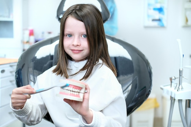Девушка на приеме у дантиста держит в руках модель челюсти и зубную щетку