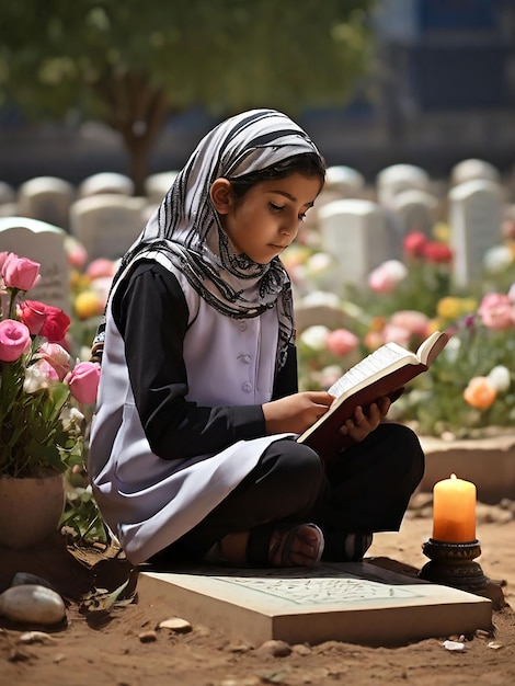 A girl recites the Quran in front of her mothers grave