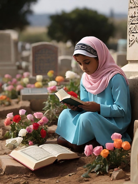 A girl recites the Quran in front of her mothers grave