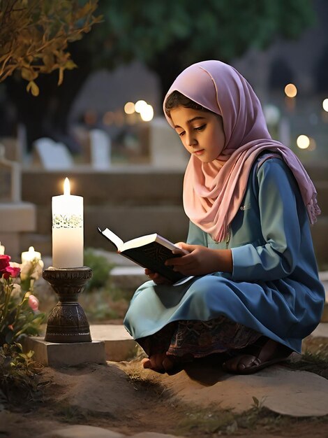 Photo a girl recites the quran in front of her mothers grave