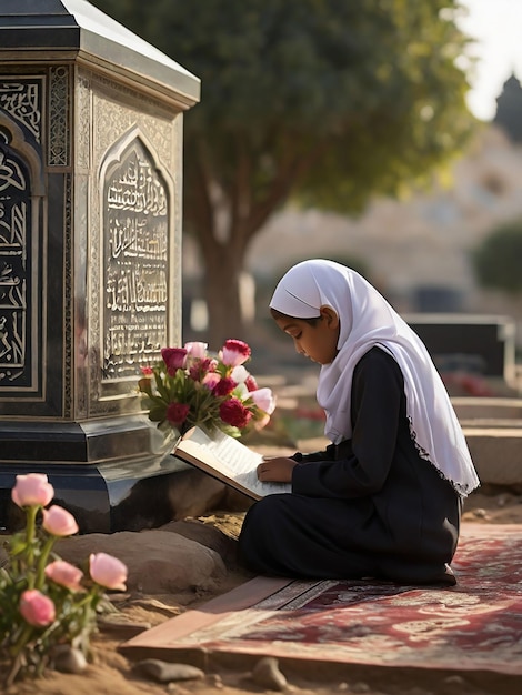 A girl recites the Quran in front of her mothers grave