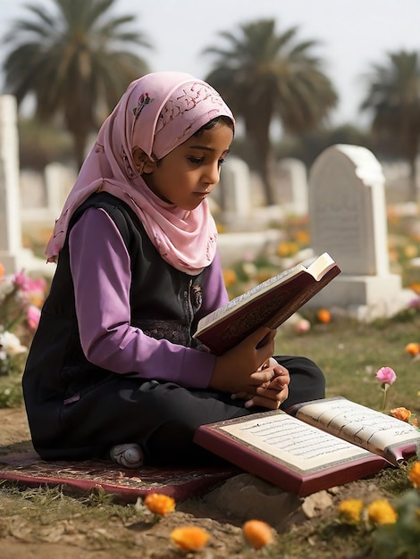 A girl recites the Quran in front of her mothers grave