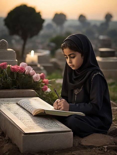 女の子が母親の墓の前でコーランを朗読している