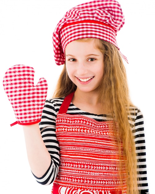 Photo girl in red apron and baking glove