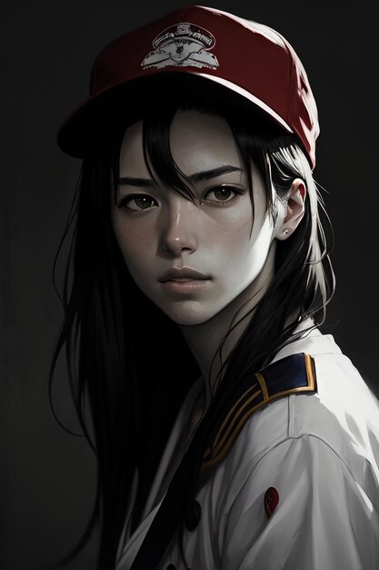 A girl in a red cap with the word