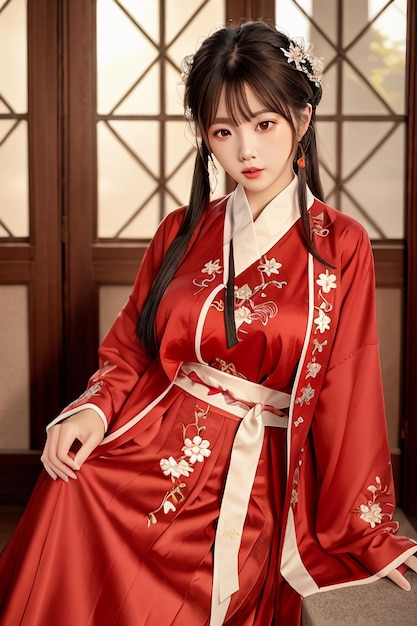 A girl in a red chinese costume