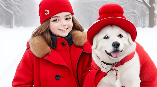 A girl in a red coat is holding a dog and a symbol of the year