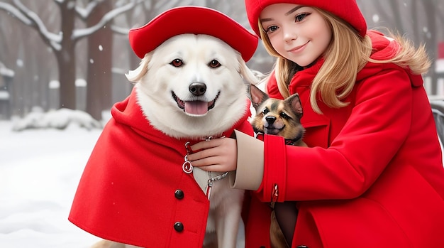 A girl in a red coat is holding a dog and a symbol of the year