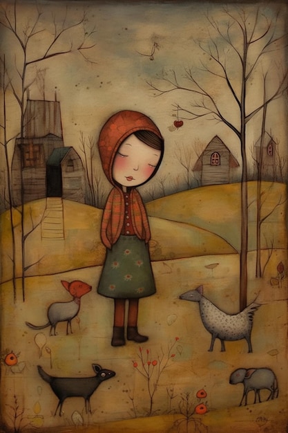 A girl in a red coat stands in a field with a grey cat and a white dog.