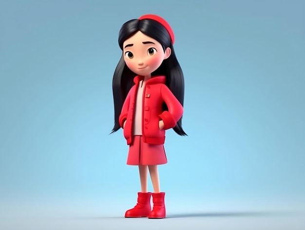 A girl in a red coat with long black hair and a red hat.