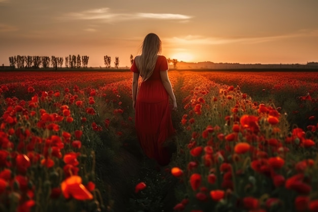 Girl in red dress back to the camera view in poppy field generative ai