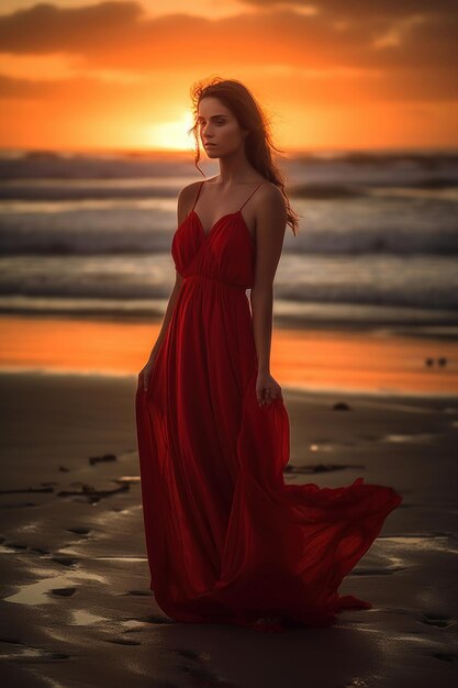 Girl in a red dress on the beach at sunset generative ai