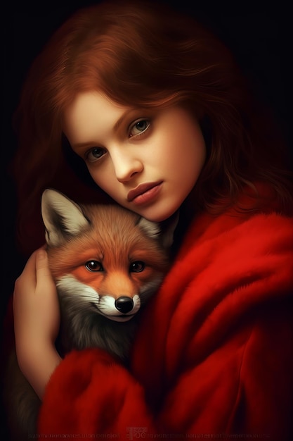 A girl in a red dress holds a fox in her arms.