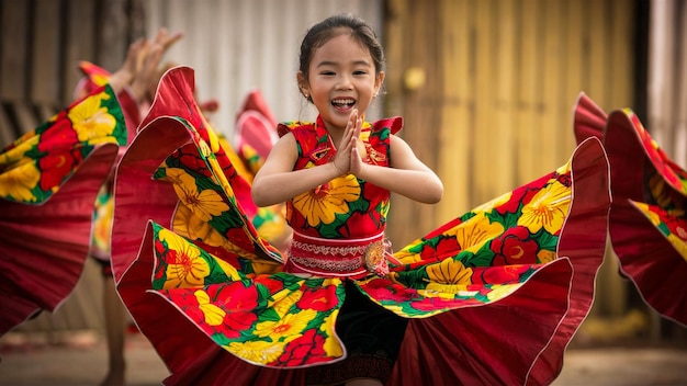 Photo a girl in a red dress is clapping her hands with her mouth open