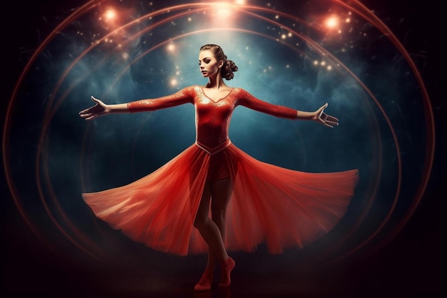 The girl in the red dress is dancing on a background of stars.