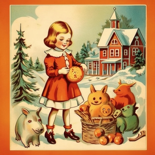 девушка в красном платье держит мяч с корзиной цыплят и домом на заднем плане.
