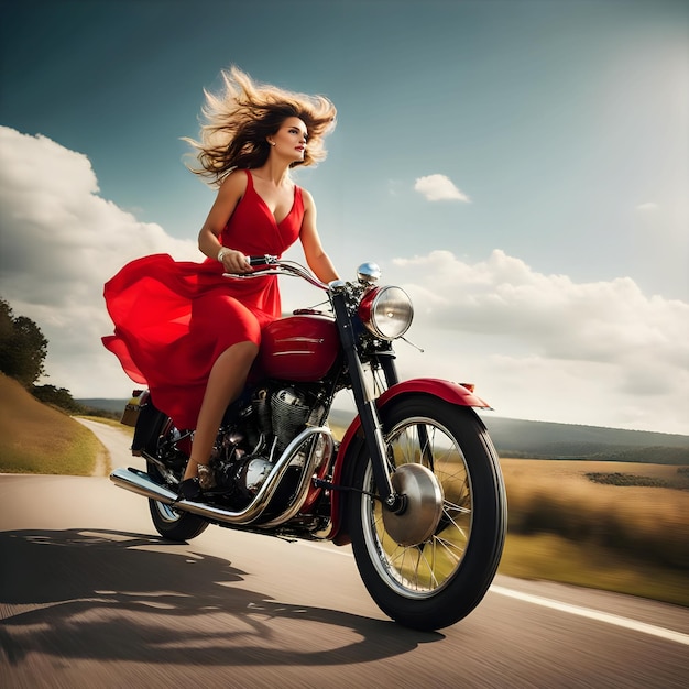 Photo girl in red dress on motorcycle