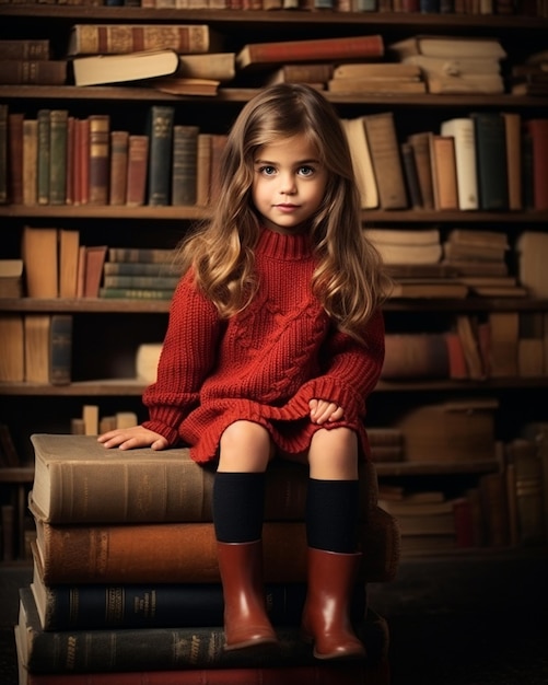 a girl in a red dress sits on a book shelf with many books