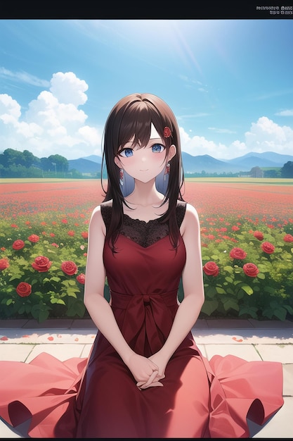 A girl in a red dress sits in a field of flowers.