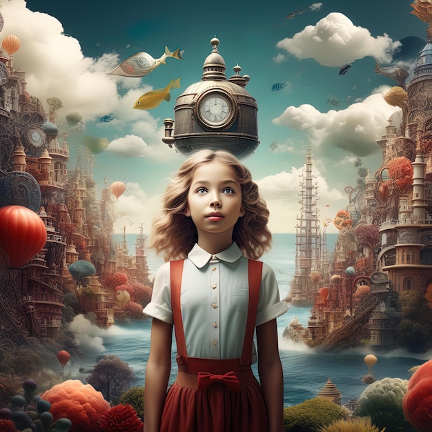 a girl in a red dress standing in front of a clock tower