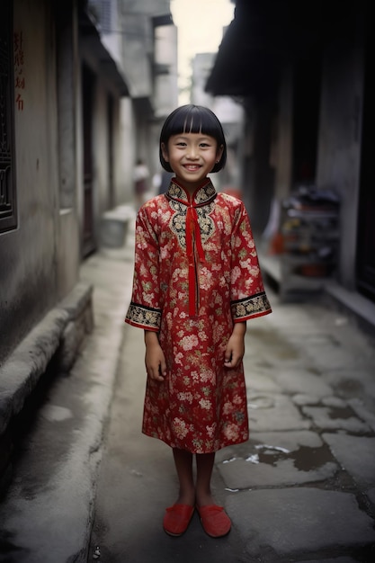 A girl in a red dress stands in an alley.