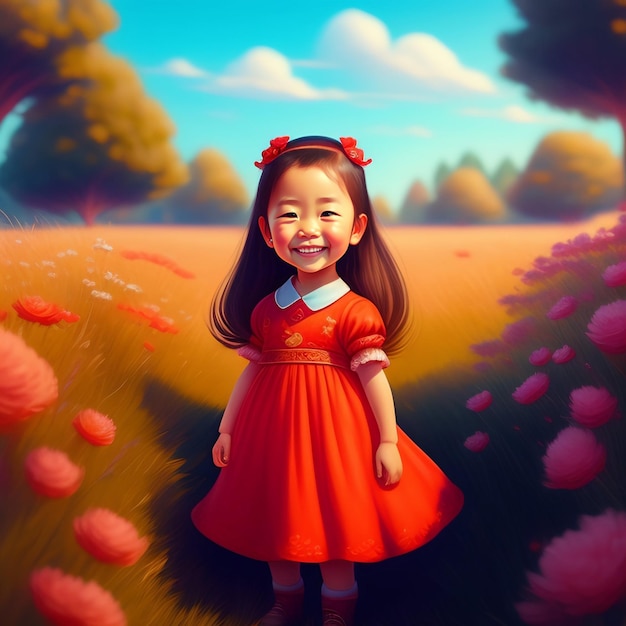 A girl in a red dress stands in a field of flowers.