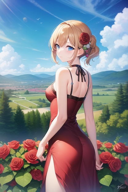 A girl in a red dress stands in a field of flowers