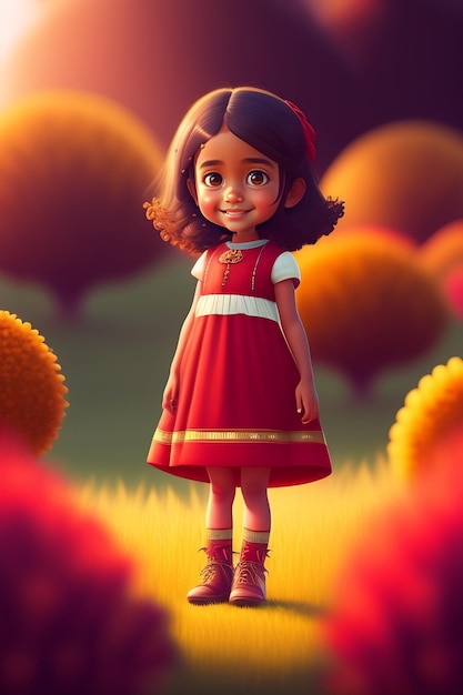 A girl in a red dress stands in a field of trees.