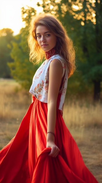 A girl in a red dress stands in a field.