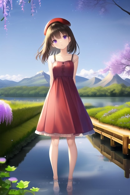 빨간 드레스를 입은 소녀가 오른쪽에 보라색 꽃이 있는 연못에 서 있습니다.