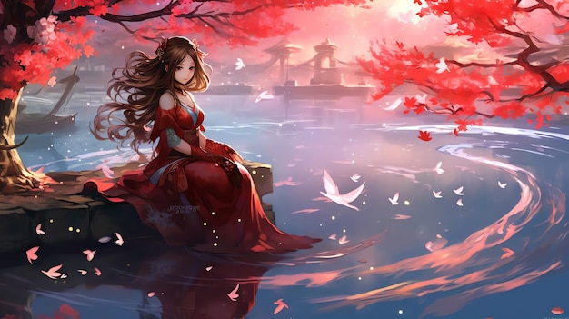 Девушка в красном платье гуляет по пруду в аниме-иллюстрации