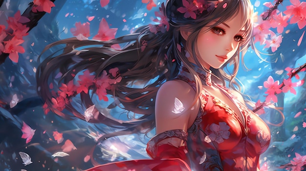 A girl in a red dress walks in a pond anime illustration
