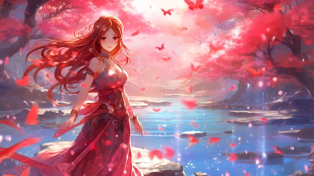 A girl in a red dress walks in a pond anime illustration