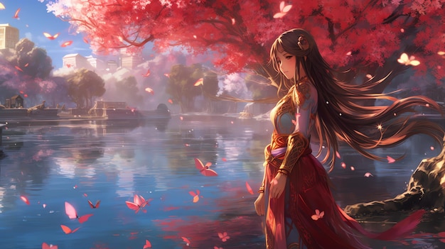 赤いドレスを着た女の子が池の中を歩くアニメイラスト