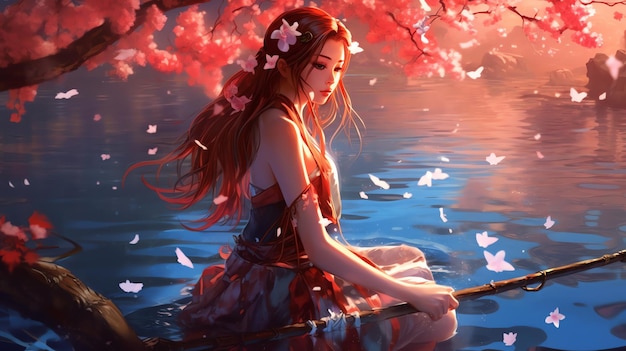 Девушка в красном платье гуляет по пруду в аниме-иллюстрации