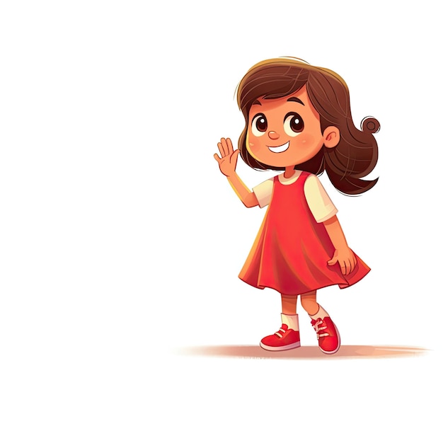 A girl in a red dress waving her hand.