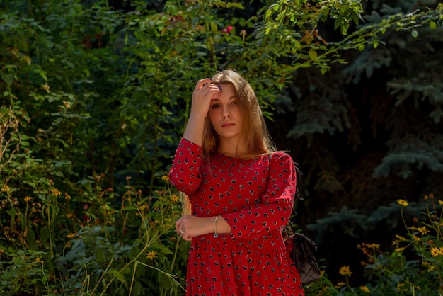 여름에는 녹지를 배경으로 긴 머리를 한 빨간 드레스를 입은 소녀. 자연의 아름다운 소녀
