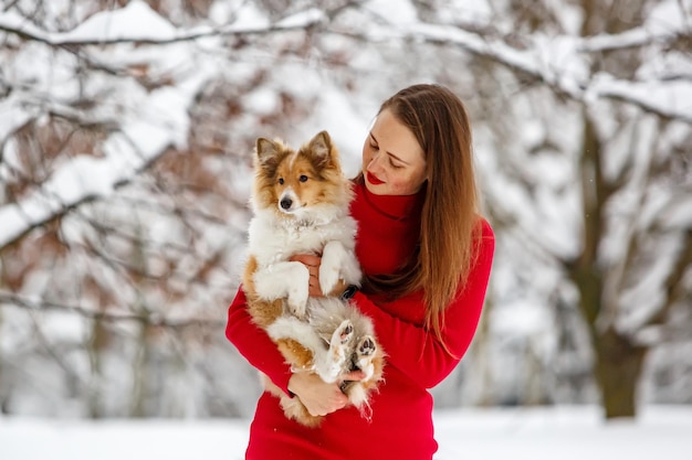 シェルティー犬を腕に抱えた赤いドレスを着た女の子。冬の背景。