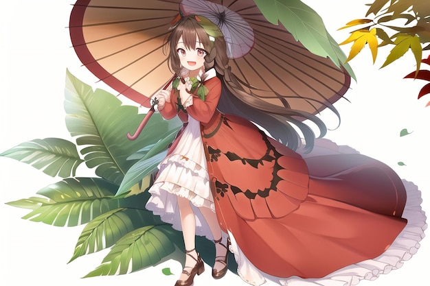 배경에 우산과 나뭇잎이 있는 빨간 드레스를 입은 소녀
