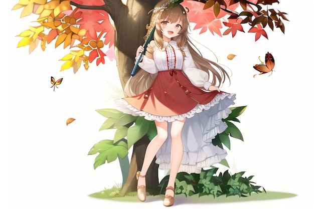 A girl in a red dress with a violin on her shoulder stands in a tree with autumn leaves.