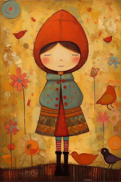 A girl in a red hat and blue coat with birds and flowers.