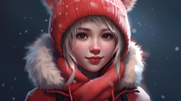 A girl in a red hat and fur hat with a snowflake on her face.