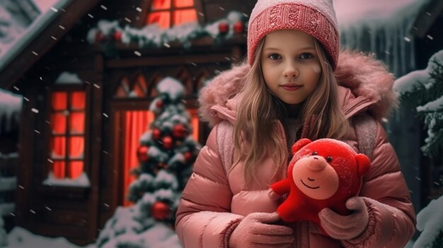 赤い帽子をかぶった女の子が、生成 AI の背景でクリスマス リースの赤い馬を撫でる